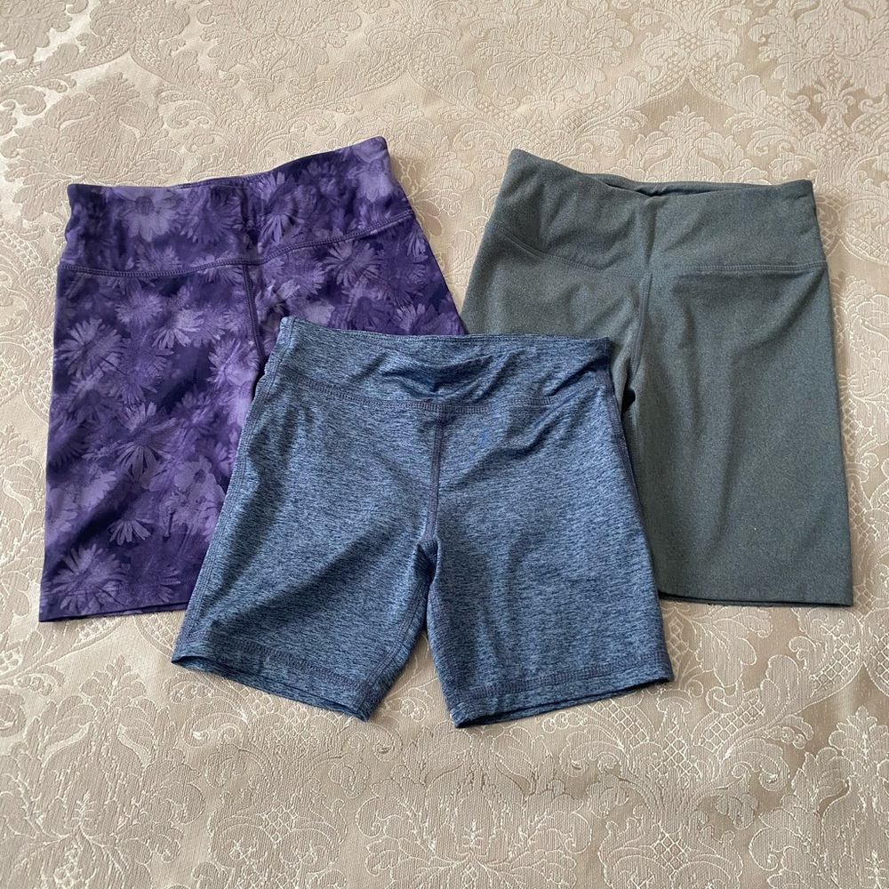 Mondetta Women's Bike Shorts Trio - Purple, Heathered Blue, Olive